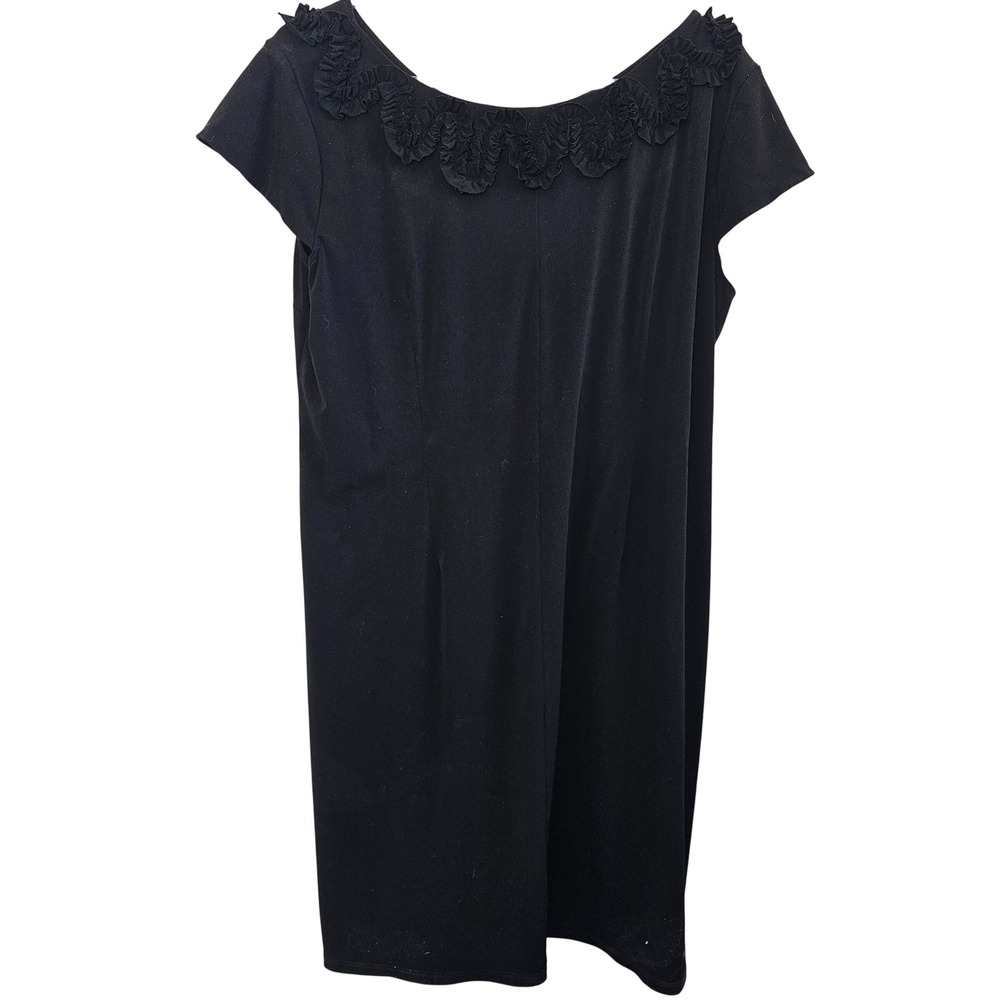 AA Studio Black Ruffle Neck Shift Dress Short Sleeve Scoop Neck Mini Dress
